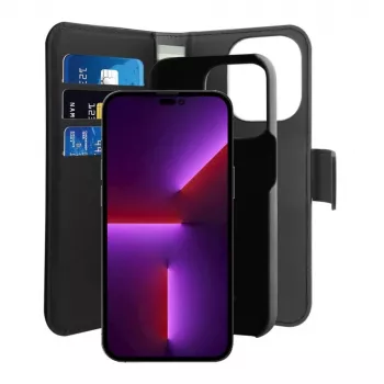 Coque 2 en 1 MagSafe amovible Puro Wallet en cuir PU avec rabat et portefeuille pour iPhone 14 Pro Max, noire