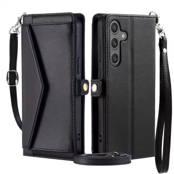Étui portefeuille en cuir PU Hurtel pour Samsung Galaxy A56 5G avec fonction support et bandoulière, noir