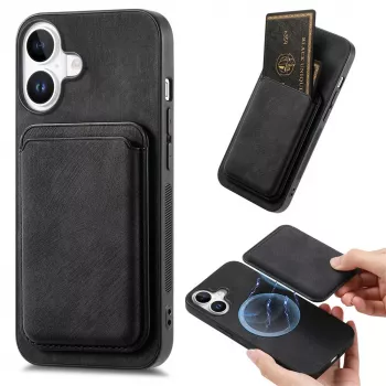 Coque en cuir synthétique pour iPhone 17 avec porte-cartes amovible compatible MagSafe, noire
