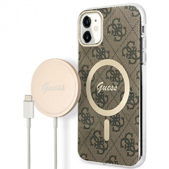 Guess GUBPN61H4EACSW Coque + chargeur sans fil pour Apple iPhone 11, 4G Print, coque rigide marron, MagSafe